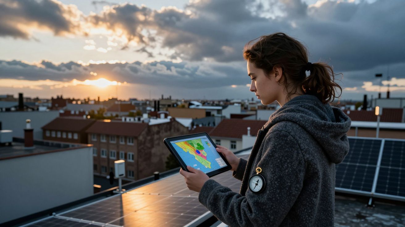 Jovem utiliza tablet para analisar mapa meteorológico numa cobertura com painéis solares ao pôr do sol.