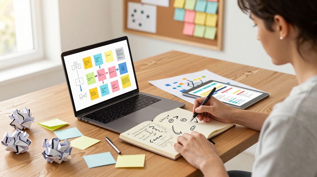 Pessoa a desenhar num caderno com laptop e tablet na secretária cheia de notas e folhas amassadas ao lado.
