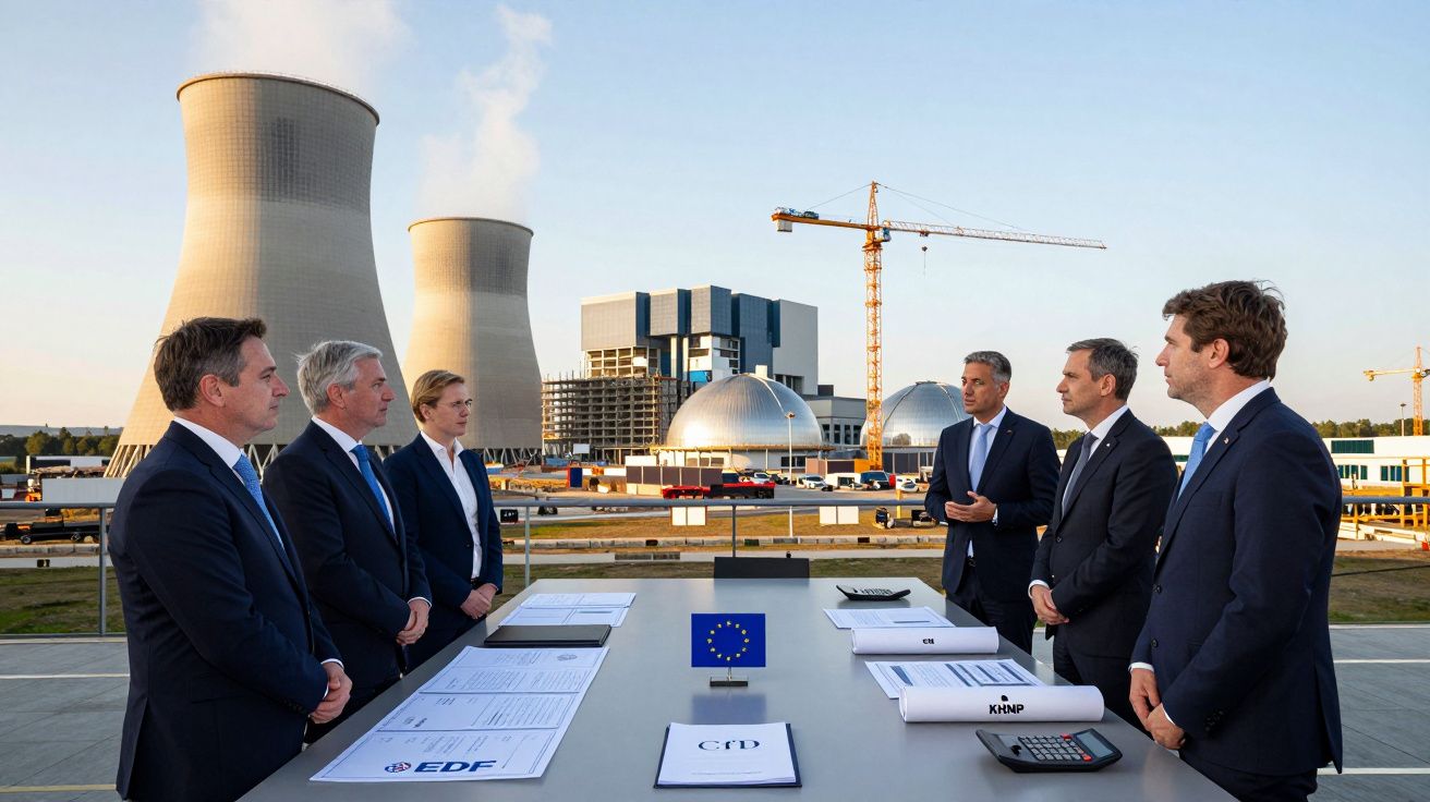 Seis pessoas de fato reunidas à mesa com documentos, ao fundo centrais de energia e gruas em obra.