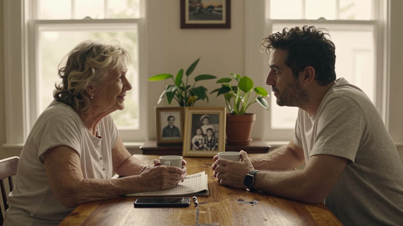 Idosa e homem conversam sentados à mesa com chá e fotografias familiares ao fundo.
