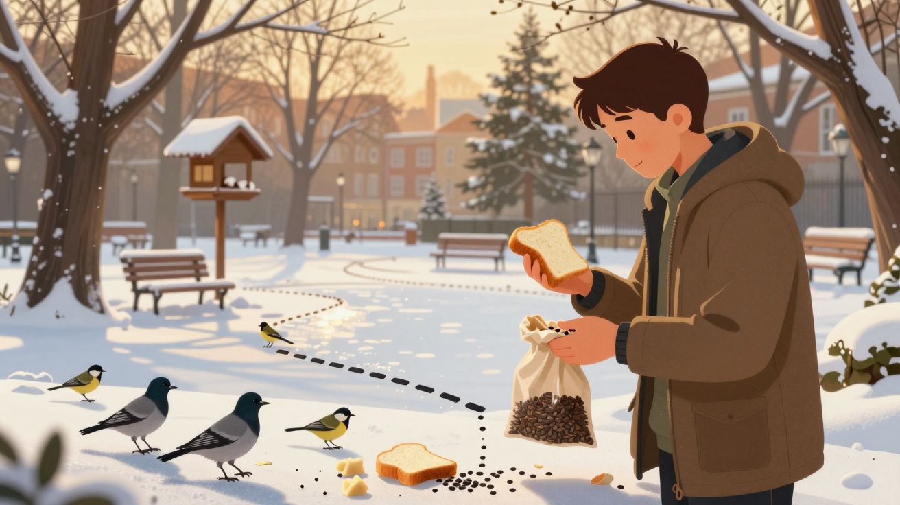 Rapaz alimenta pássaros com migalhas de pão num parque coberto de neve ao entardecer.