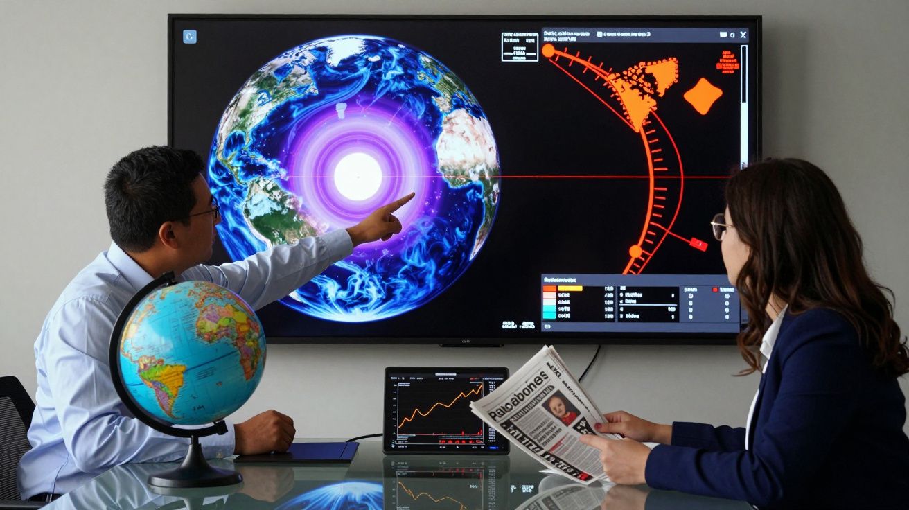 Duas pessoas numa reunião com globo terrestre sobre mesa e mapa digital da Terra e gráficos projetados.