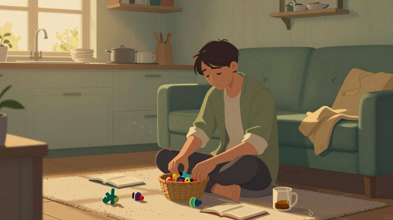Jovem sentado no chão a arrumar peças coloridas numa cesta, com livros e chá ao lado numa sala iluminada.