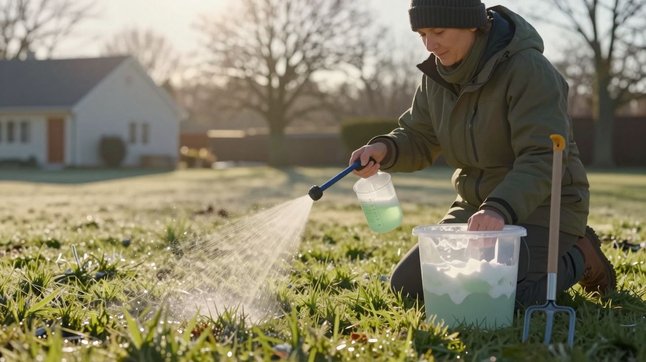 Pessoa a pulverizar líquidos numa relva num jardim residencial com roupa quente de inverno.