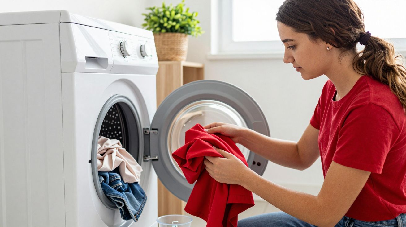 Mulher a colocar roupa vermelha numa máquina de lavar roupa branca numa divisão iluminada.