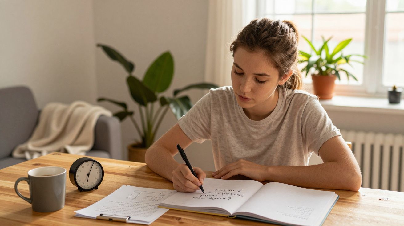 Jovem sentada a escrever num caderno numa mesa de madeira com planta e relógio ao fundo.