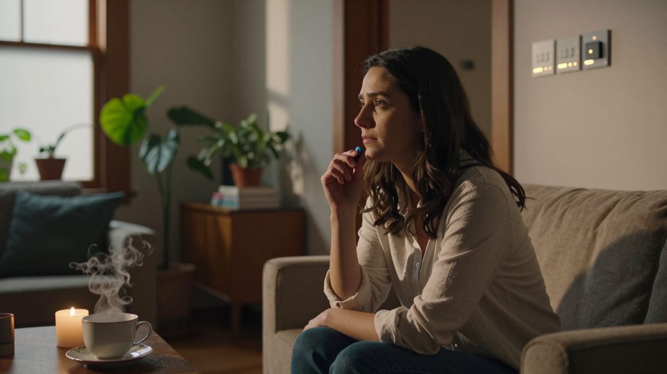 Mulher pensativa sentada no sofá numa sala aconchegante com vela acesa e chá quente na mesa.