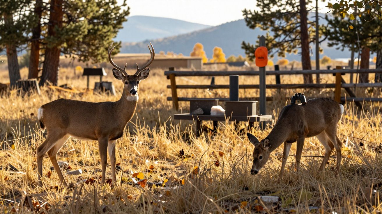 Dois veados em área campestre seca com vegetação amarelada, bancos e montanhas ao fundo.