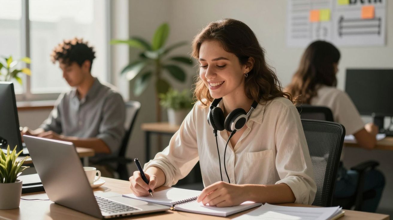 Jovem mulher sorridente a tomar notas num caderno, com auscultadores no pescoço, sentada numa mesa com portátil.