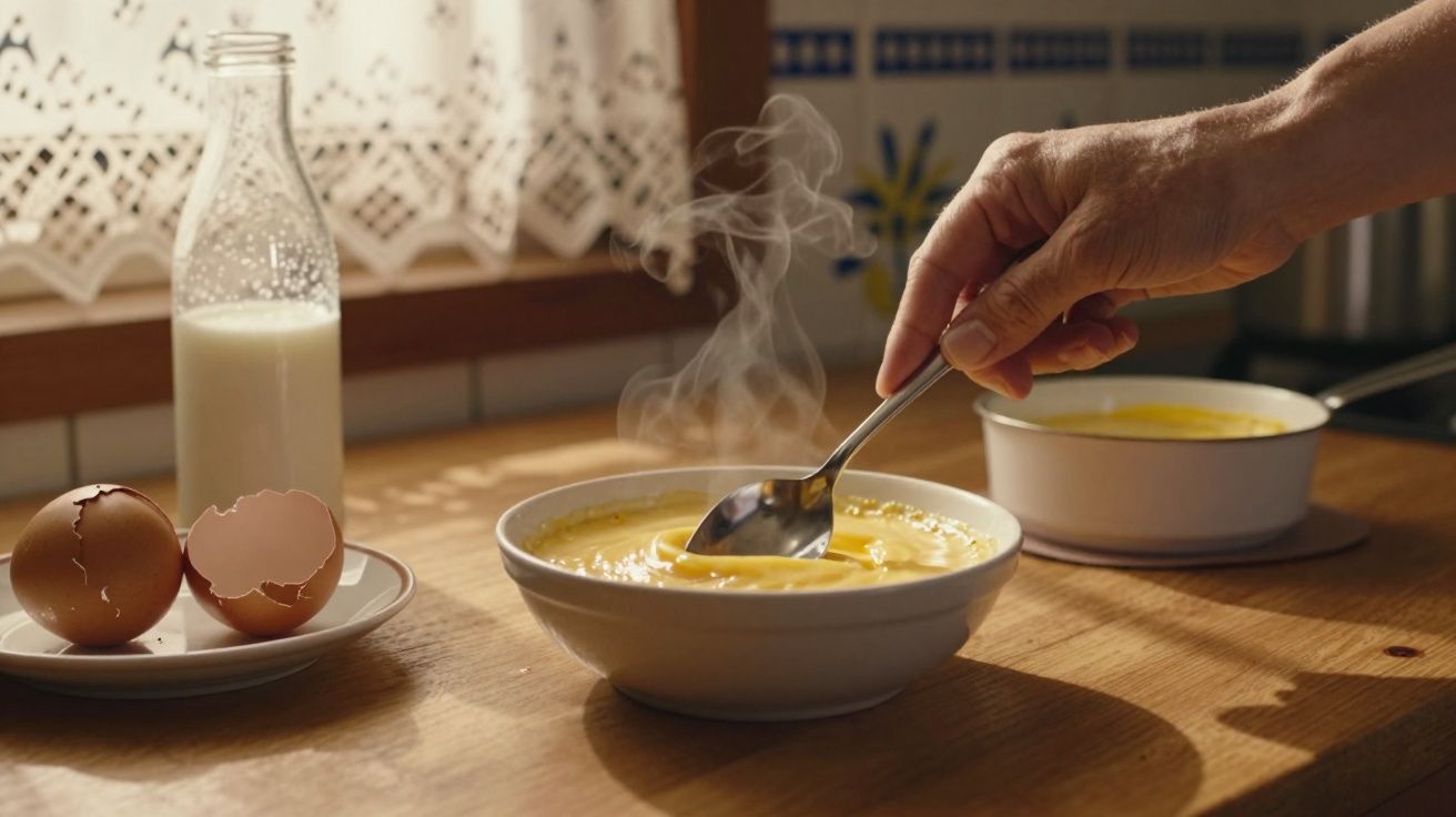 Mão mexendo creme quente numa tigela, com cascas de ovo e garrafa de leite numa mesa de madeira.