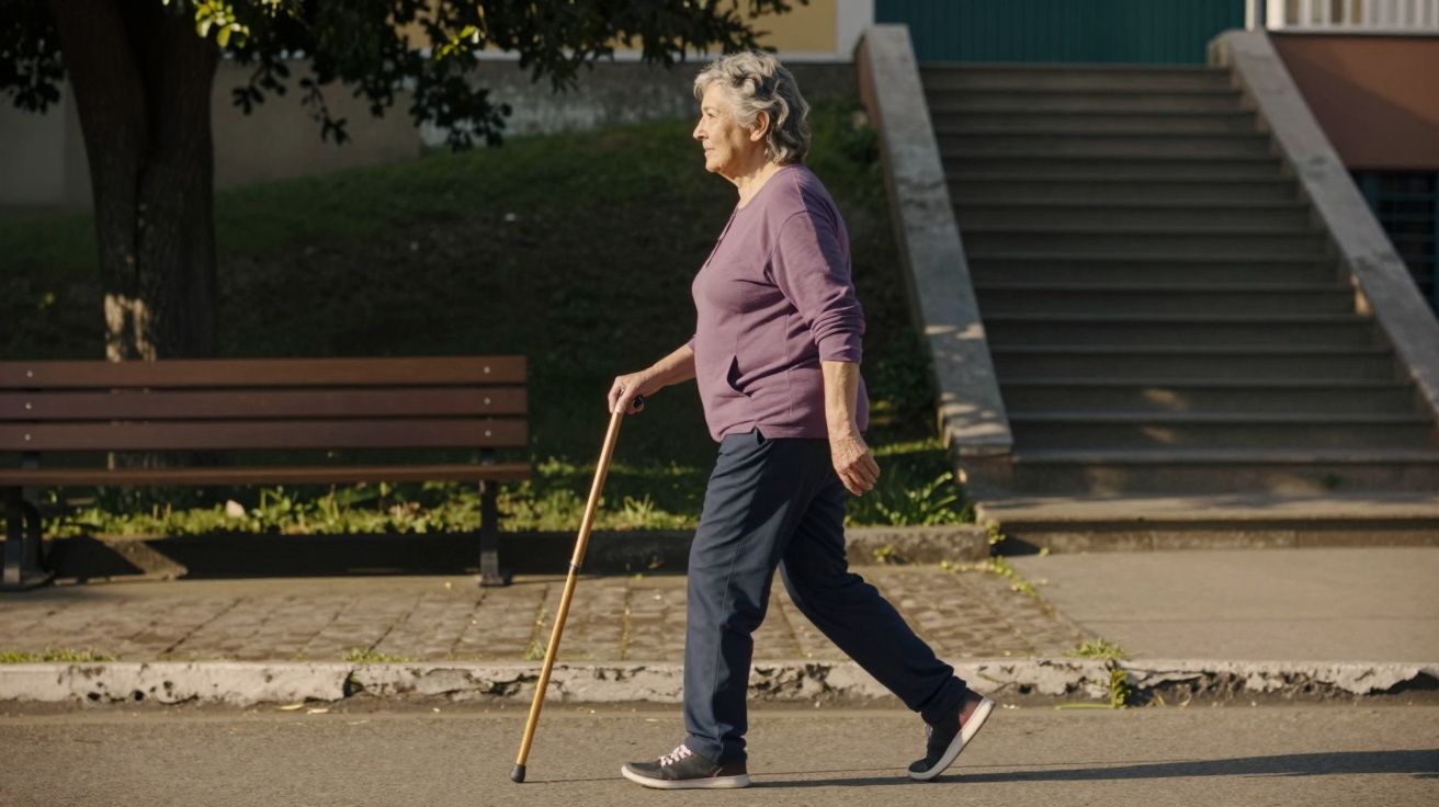 Mulher idosa a caminhar na rua usando bengala, com banco e escadas ao fundo, de dia.