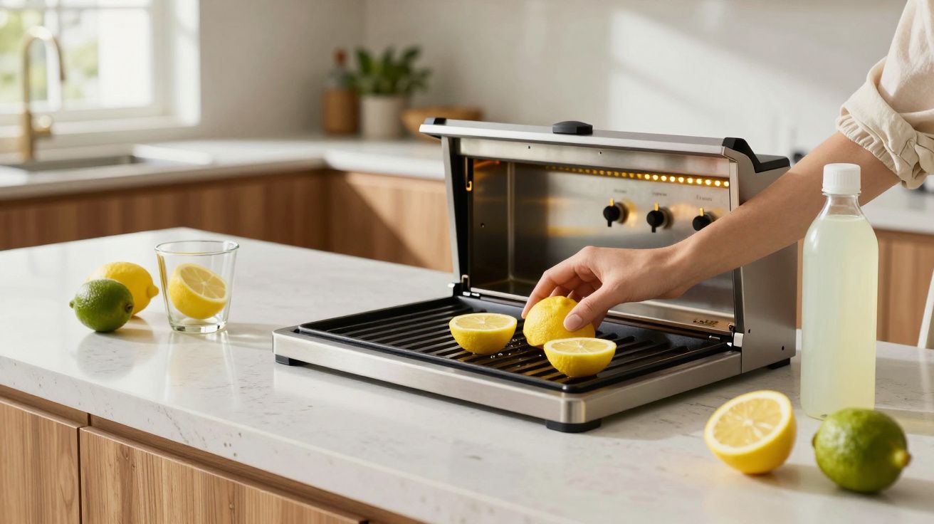 Mão a colocar limões cortados numa grelha elétrica numa cozinha moderna com bancada de mármore branco.