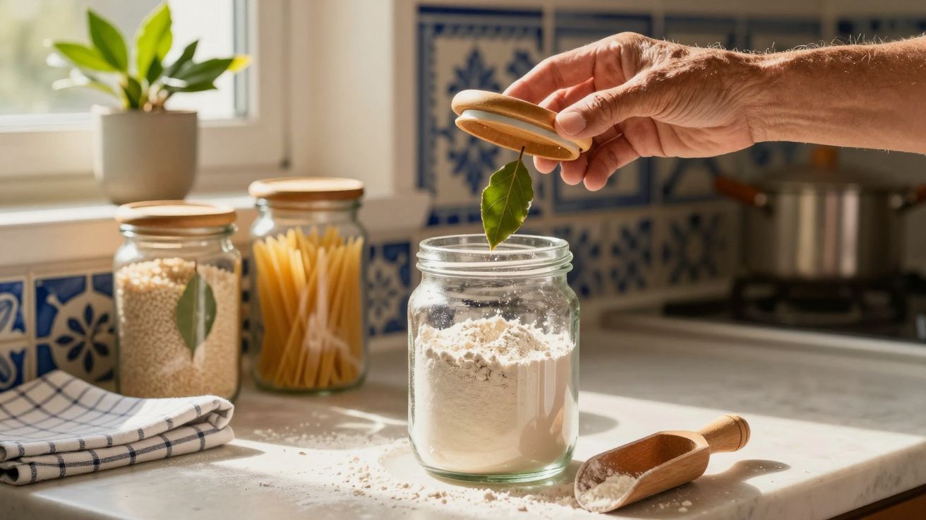 Mão a fechar frasco de vidro com farinha, folha de louro dentro, e frascos com massa e arroz na bancada da cozinha.