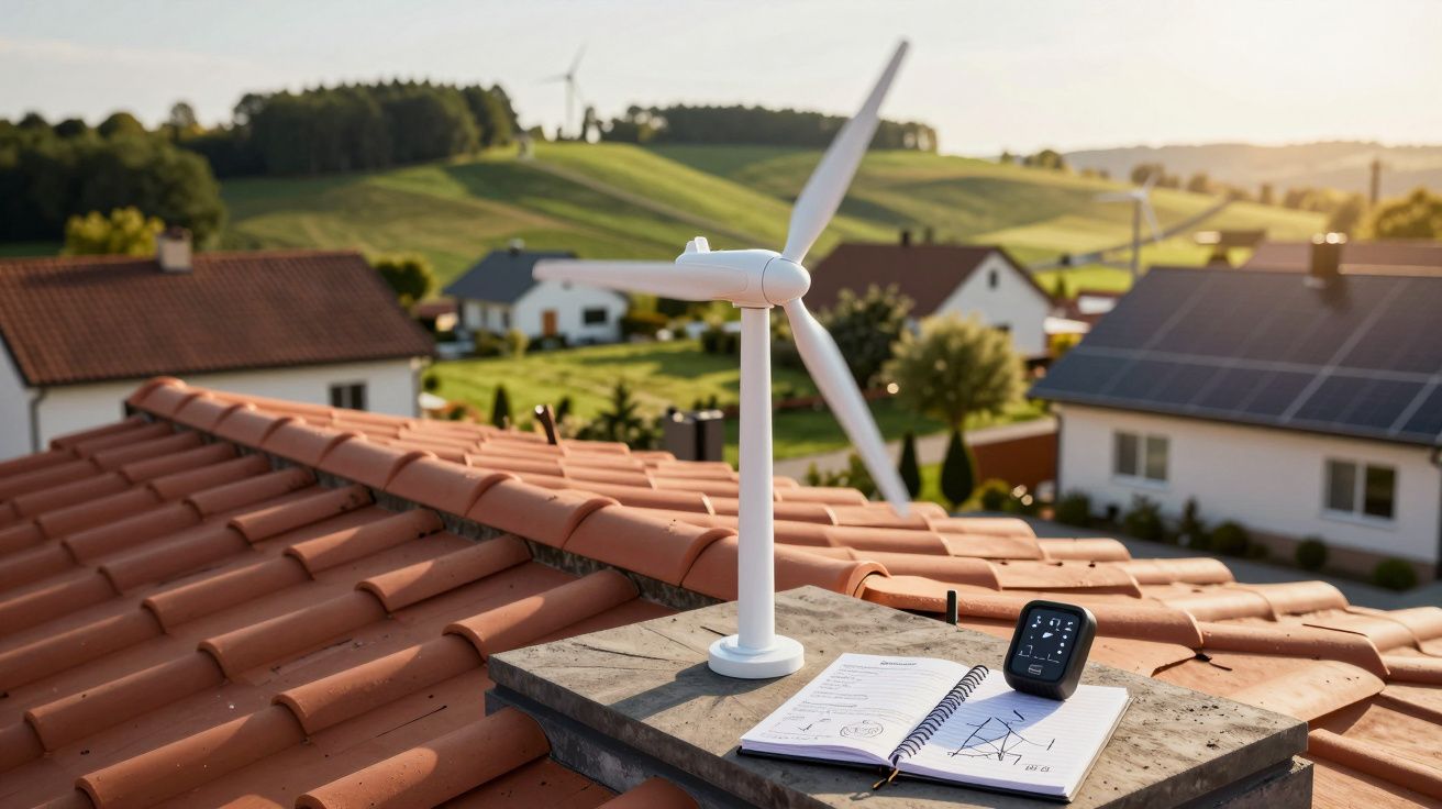 Modelo de turbina eólica, caderno e dispositivo num telhado com painéis solares e casas ao fundo.