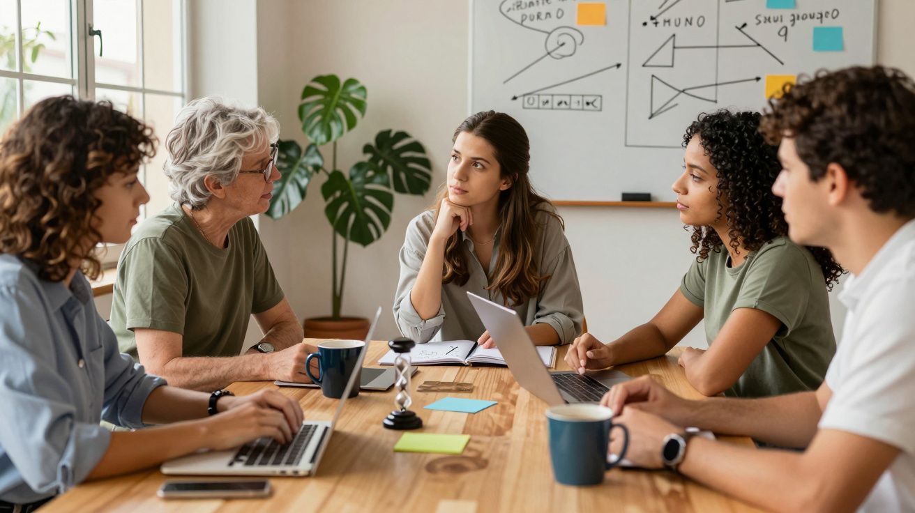 Grupo de cinco pessoas em reunião à volta de mesa com computadores, canecas e quadro branco com notas e desenhos.