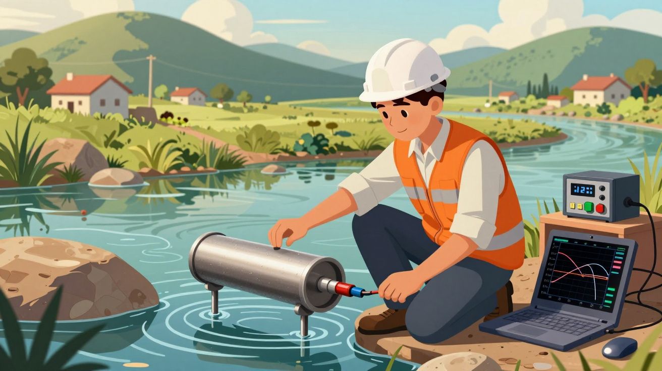 Engenheiro em colete e capacete realiza medição ambiental numa ribeira com equipamento eletrónico portátil.