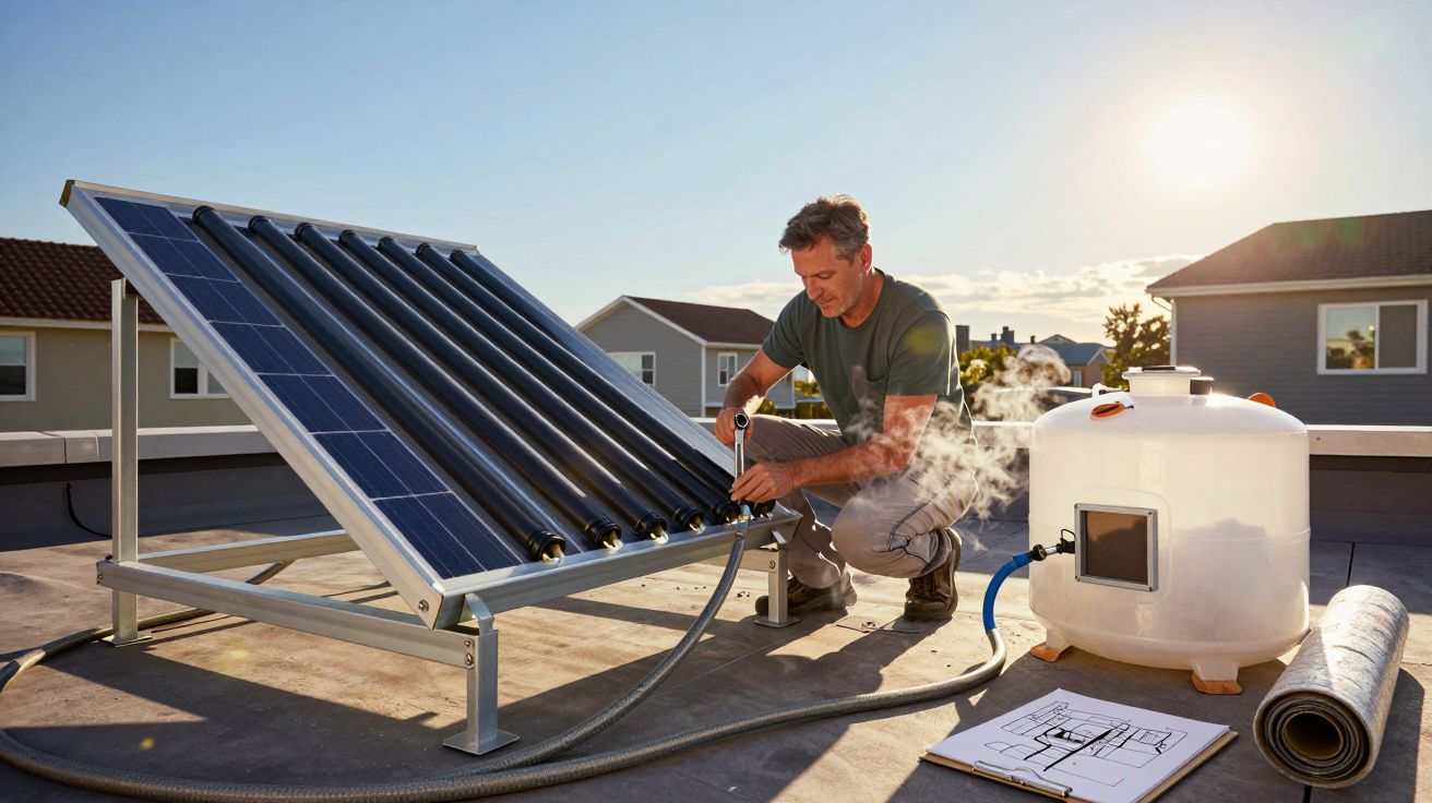 Homem a instalar painel solar térmico num telhado durante o dia com tanque de armazenamento e planta.