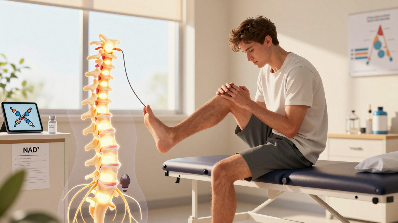 Homem jovem sentado em clínica médica a examinar o joelho numa sala com modelo de coluna vertebral iluminado.