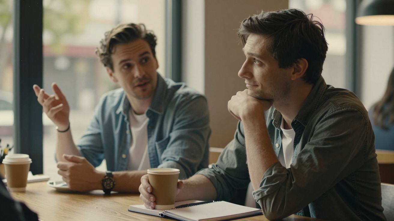 Dois homens sentados numa mesa a conversar, um segura um copo de café e o outro gesticula.
