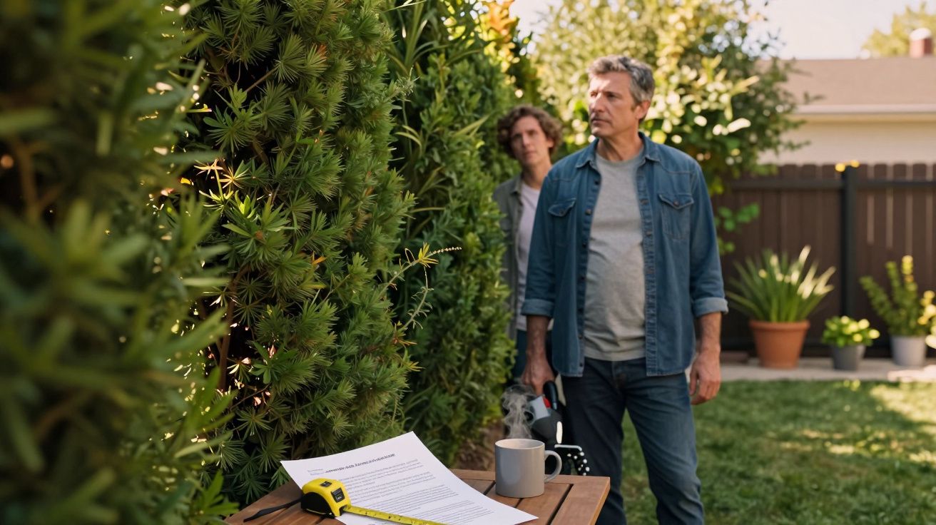 Dois homens no jardim junto a uma mesa com documento, fita métrica e caneca, com plantas ao fundo.