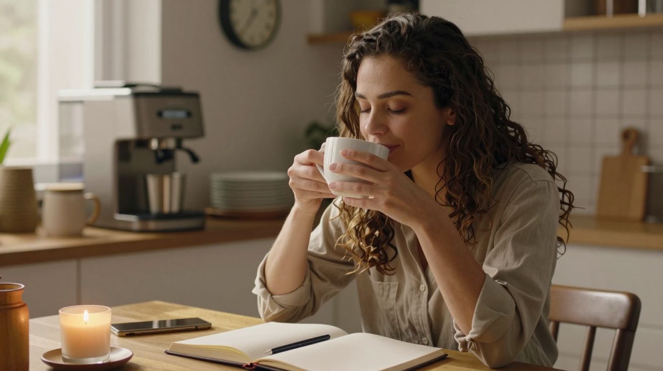 Mulher a beber café numa cozinha iluminada, com caderno aberto e vela acesa na mesa de madeira.