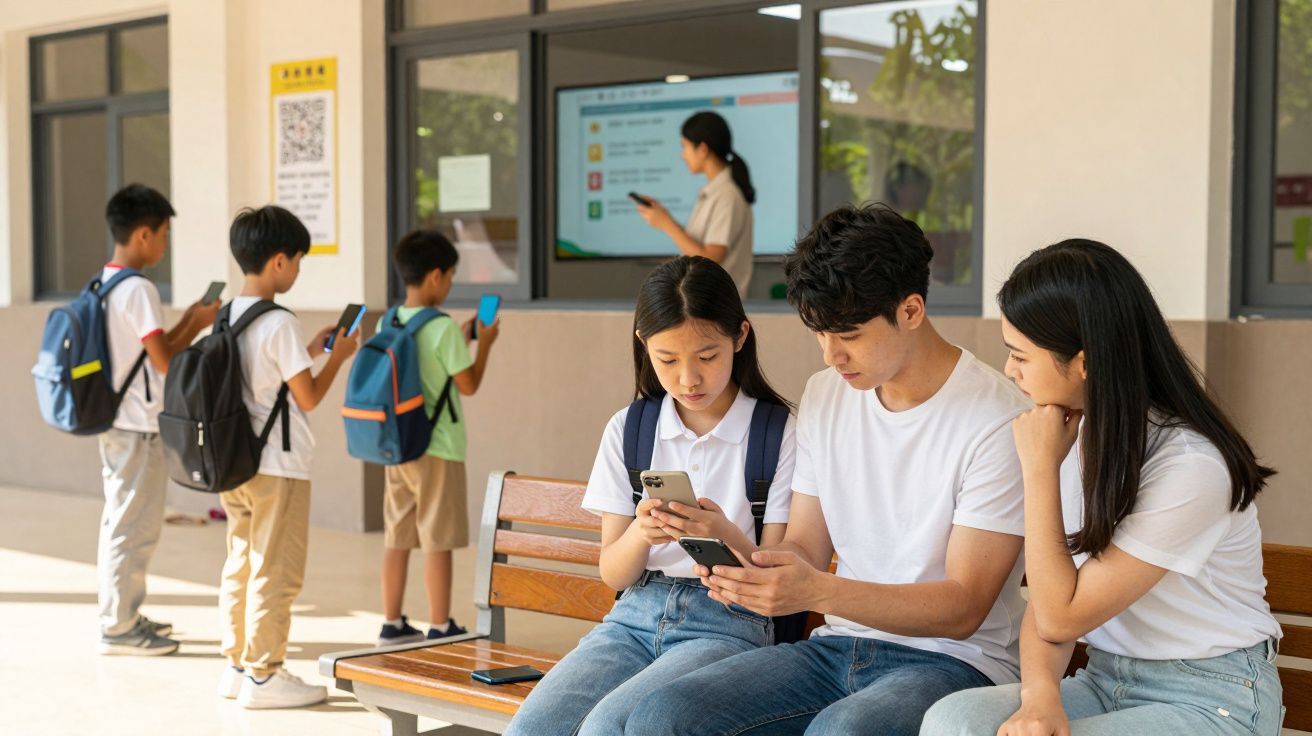 Estudantes em escola, com mochilas, usando telemóveis numa área comum com professores ao fundo.