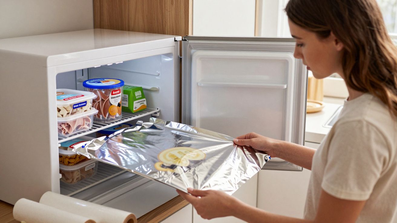 Mulher coloca comida embrulhada em papel alumínio na mini geladeira branca numa cozinha moderna.
