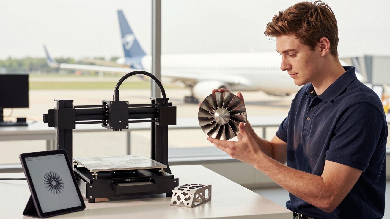 Homem a examinar peça impressa 3D no aeroporto com avião ao fundo.