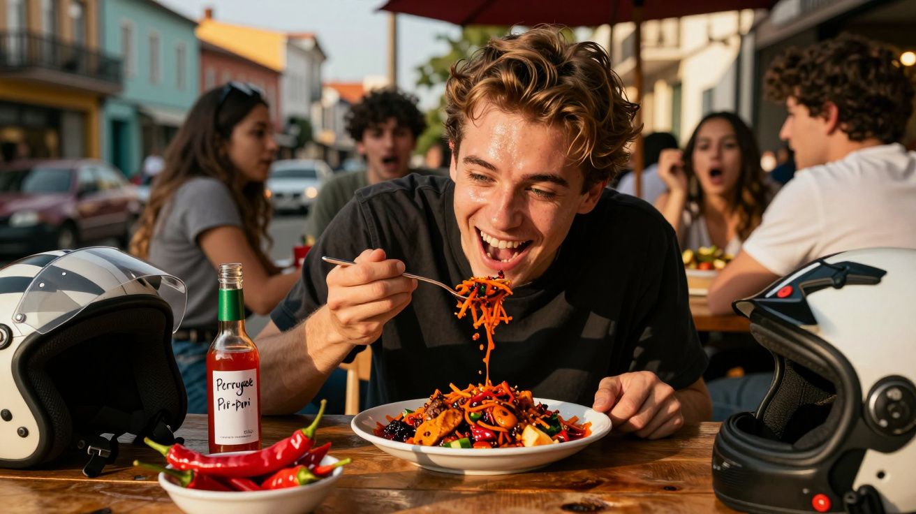 Jovem a sorrir enquanto come massa picante numa esplanada, com capacetes e amigos ao fundo.