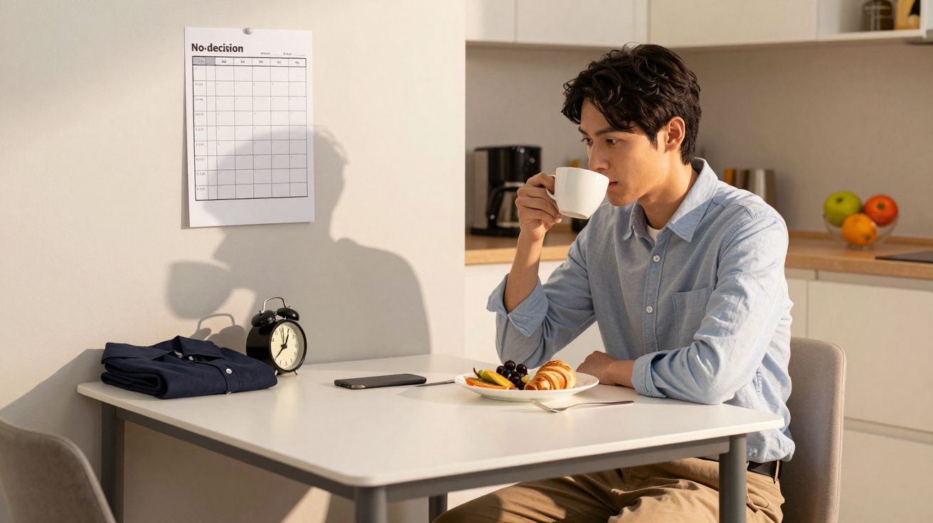Homem sentado a beber café numa mesa com pequeno-almoço e relógio despertador na cozinha.