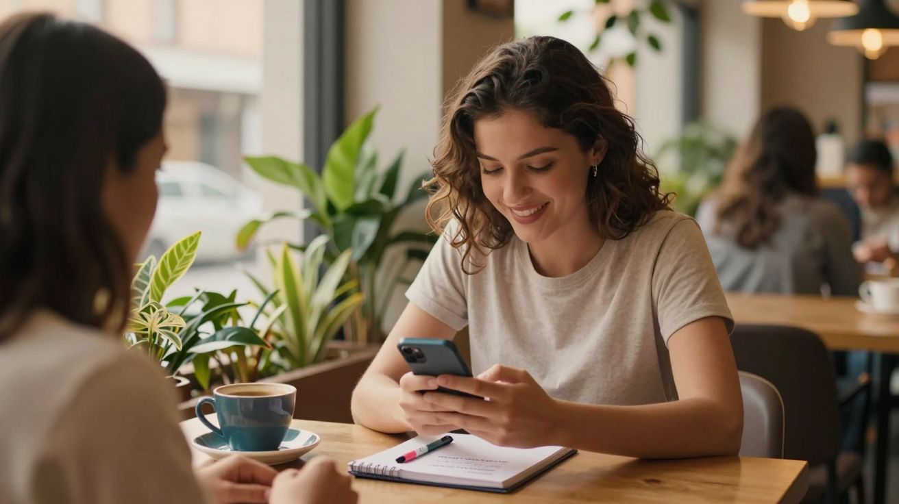 Duas mulheres sentadas num café, uma a sorrir enquanto usa o telemóvel, outra de costas à mesa.