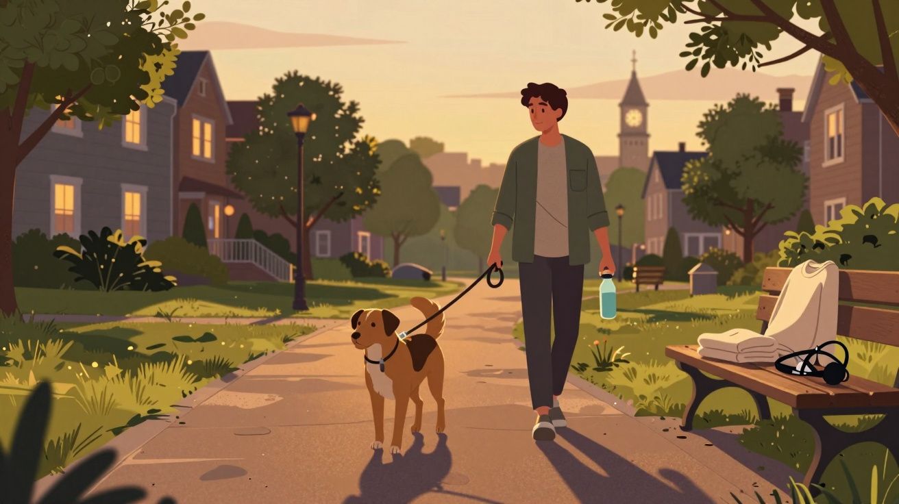 Homem passeia o cão ao fim da tarde numa rua tranquila de bairro suburbano com árvores e casas.