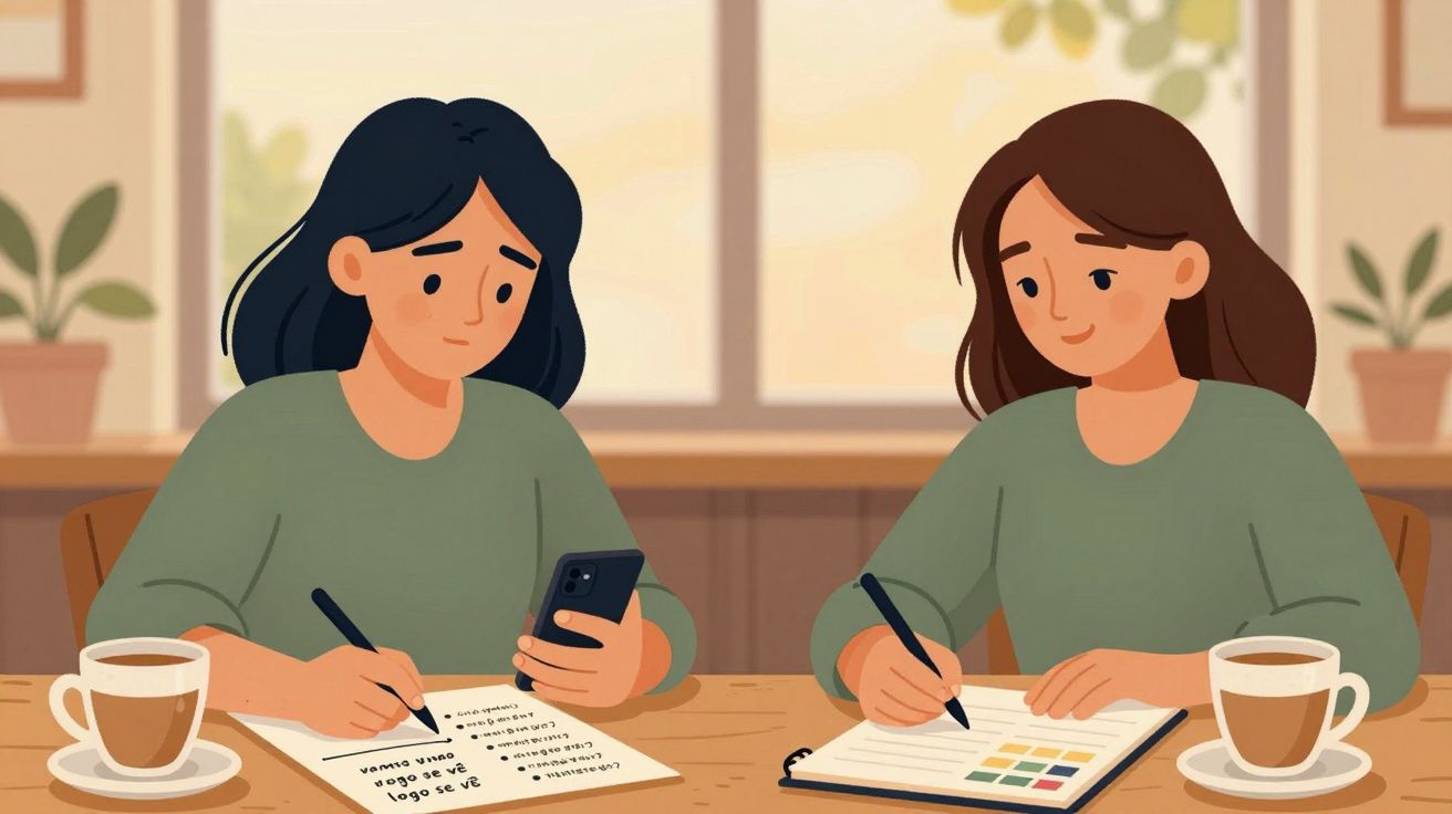 Duas mulheres sentadas à mesa em ambiente acolhedor, a trabalhar em cadernos e com chá à frente.