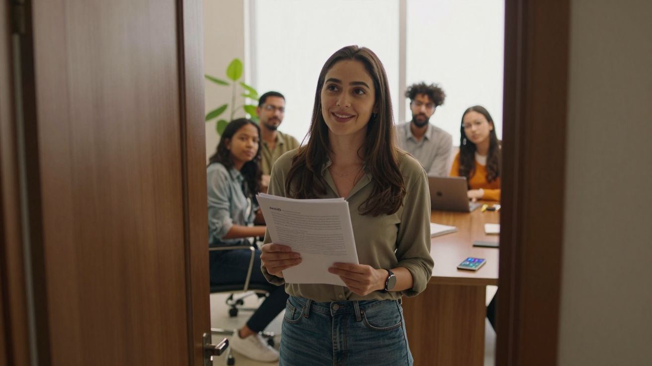 Mulher a apresentar documentos para um grupo de colegas numa sala de reuniões.