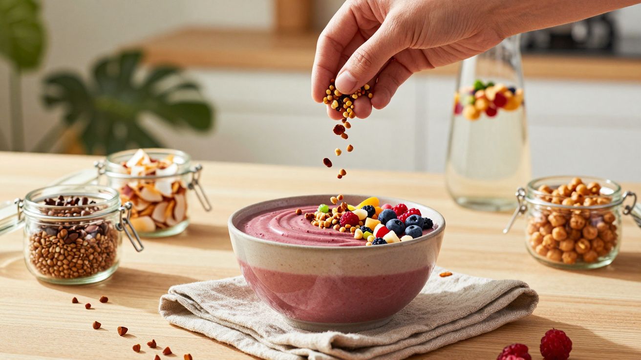 Mão a polvilhar frutos secos em tigela de smoothie vermelho e branco com frutos e sementes em cima de toalha cinza.