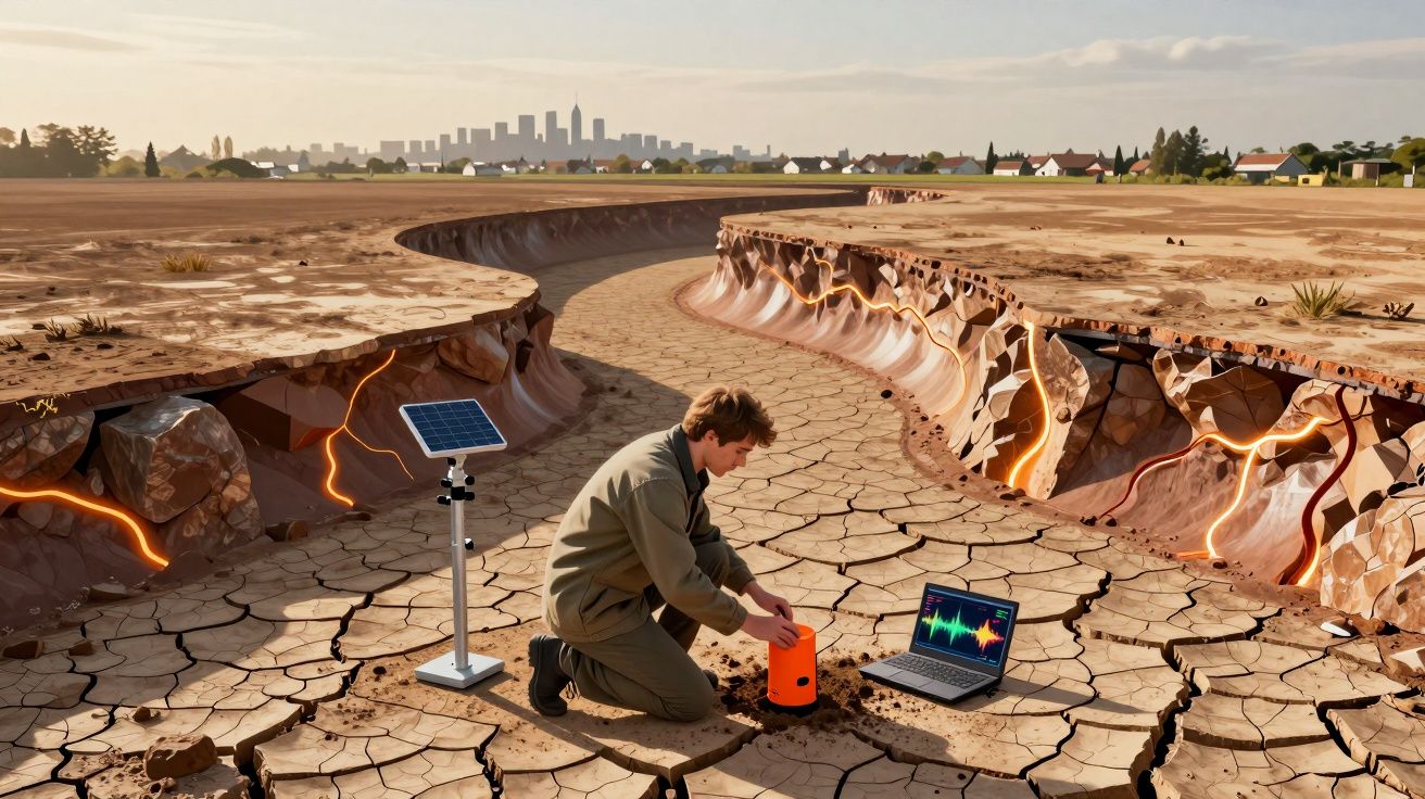 Homem a analisar falhas tectónicas numa paisagem seca com um laptop e equipamento solar.