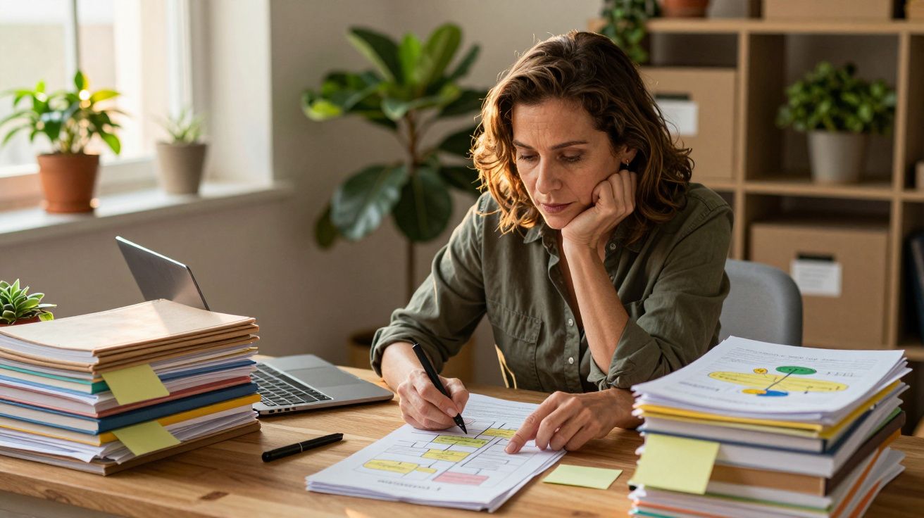 Mulher concentrada a trabalhar com papéis e laptop numa mesa cheia de documentos organizados.