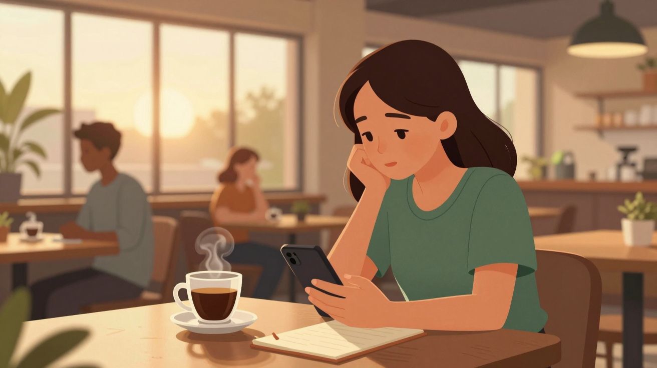 Jovem mulher sentada numa cafetaria, olhando para o telemóvel com expressão pensativa, chá ao lado.