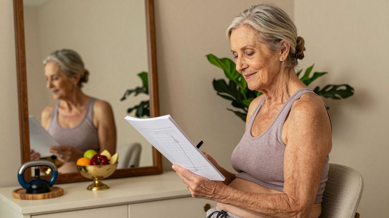 Mulher idosa sentada, a ler e anotar em folhas, com espelho e fruteira ao fundo numa divisão luminosa.