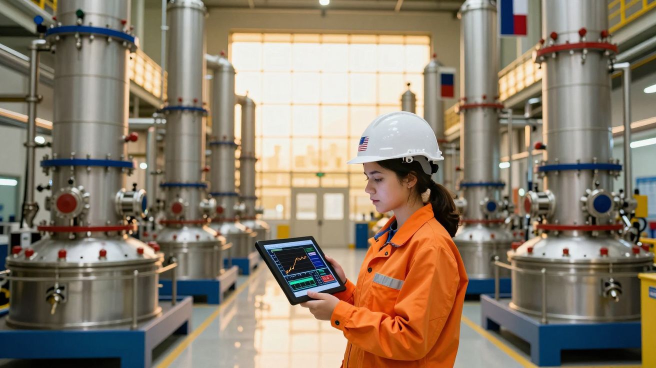 Mulher de capacete e fato laranja analisa dados num tablet numa fábrica com maquinaria industrial moderna ao fundo.