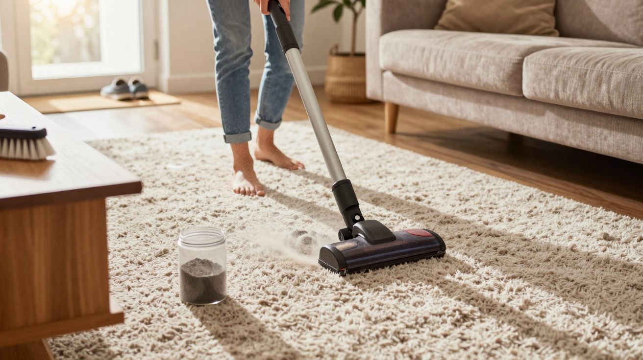 Pessoa a aspirar tapete claro com aspirador sem fio numa sala com sofá castanho.