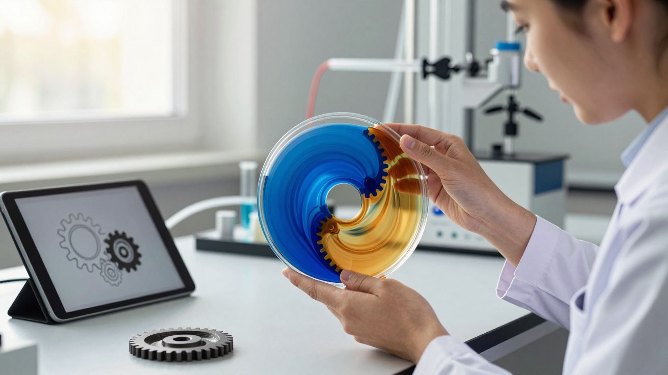 Pessoa em laboratório a examinar disco transparente com engrenagens azuis e amarelas em espiral.