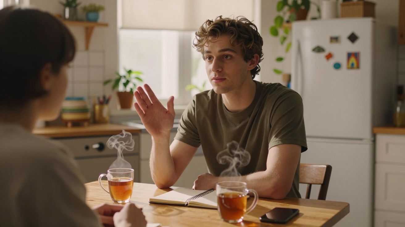 Homem jovem a conversar com outra pessoa numa cozinha, com chá quente e caderno na mesa.