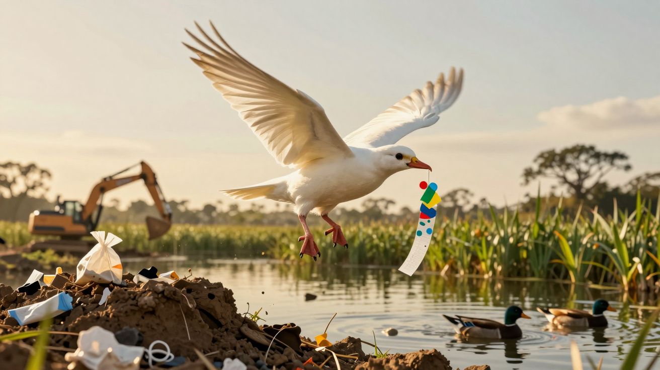 Gaivota branca em voo segurando lixo plástico num lago com terra poluída e máquinas ao fundo.