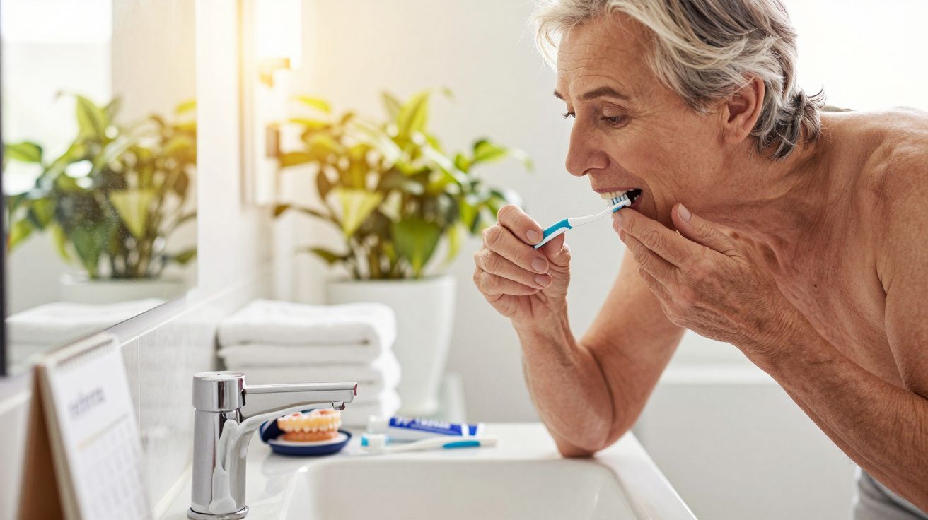 Homem grisalho a escovar os dentes em frente ao espelho da casa de banho, com plantas ao fundo.