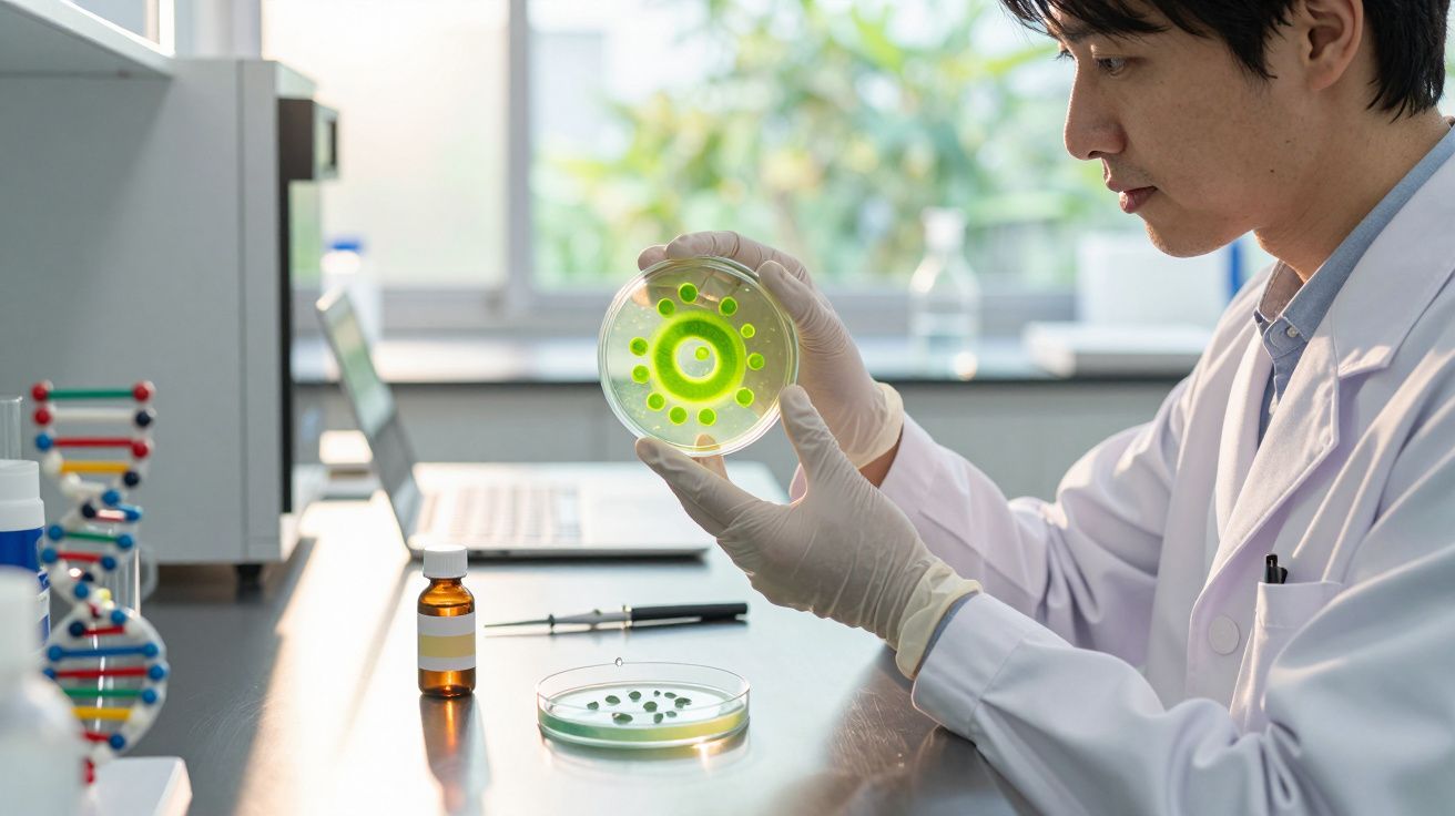 Cientista analisa placa de Petri com cultura verde em laboratório, usando luvas e jaleco.