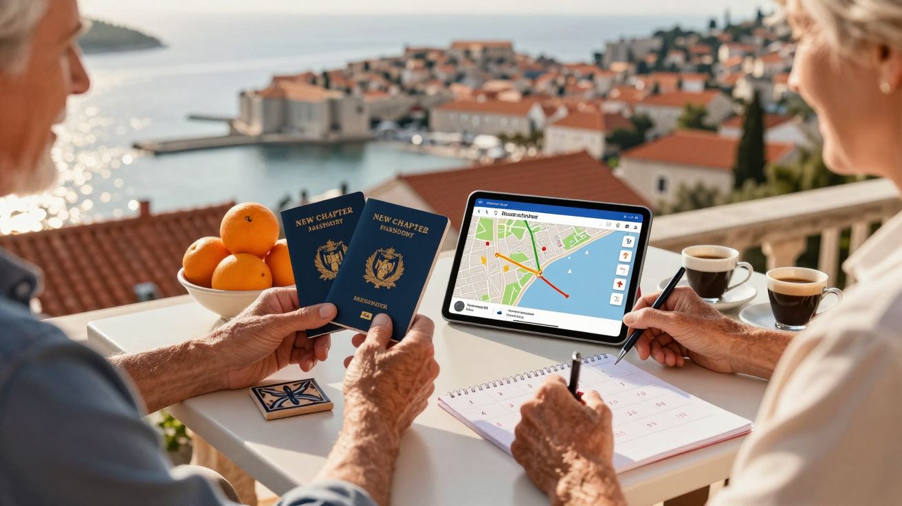 Duas pessoas planeiam viagem numa varanda com passaportes, mapa num tablet, cadernos e café, com vista para cidade costeira.