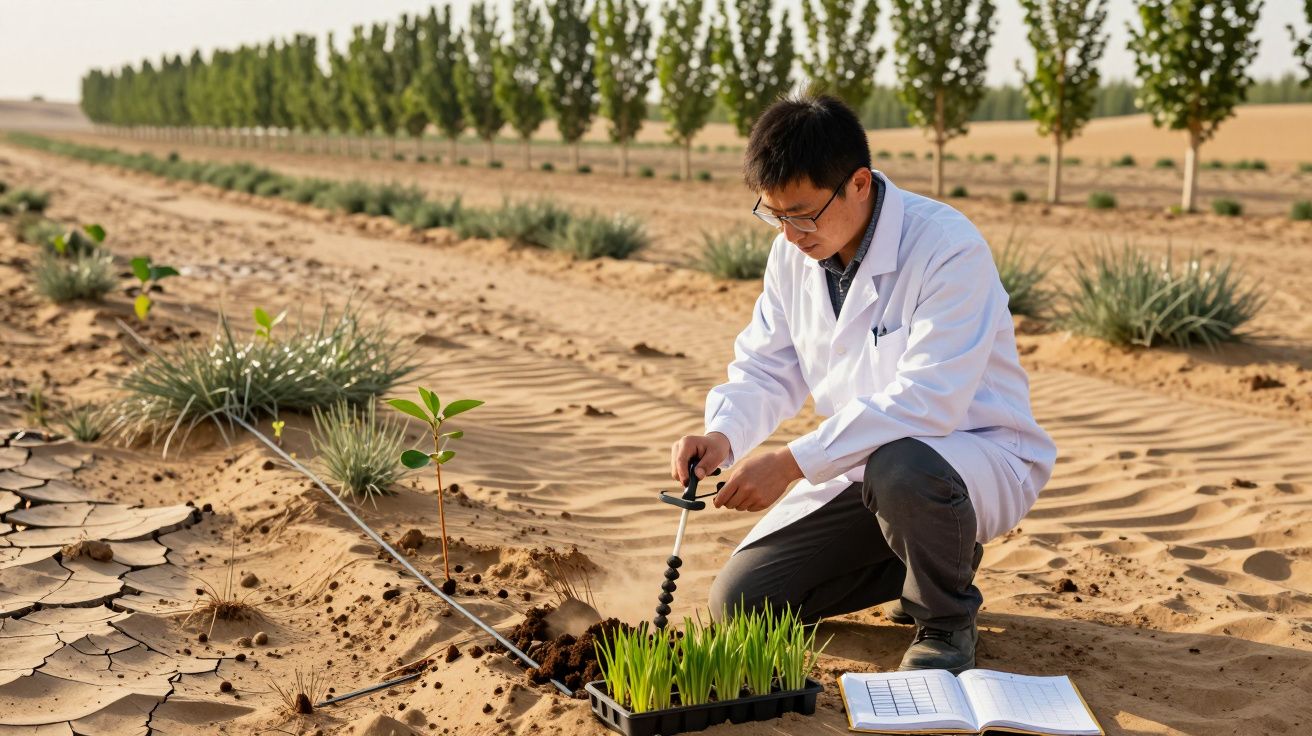 Cientista em campo desértico analisa plantas jovens com bloco de notas por perto.