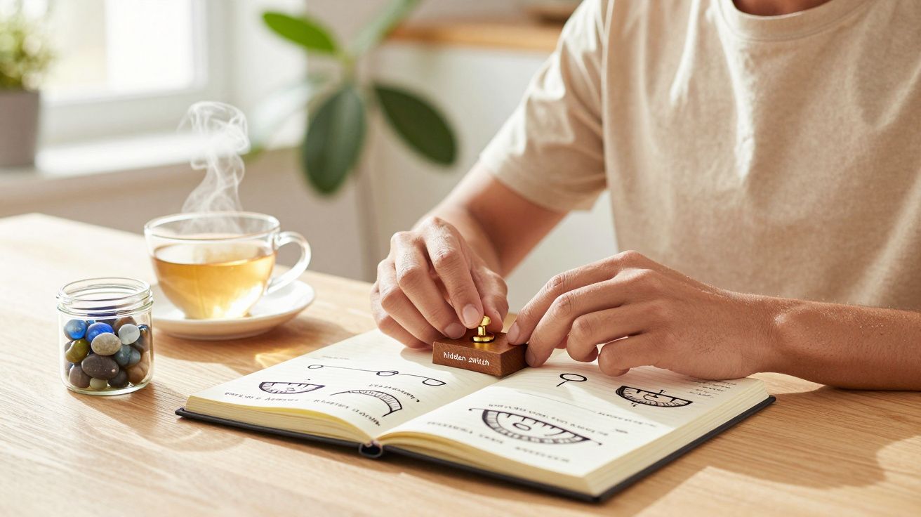 Pessoa a carimbar um caderno aberto com gráficos, ao lado de chá e frasco de pedras, numa mesa de madeira.
