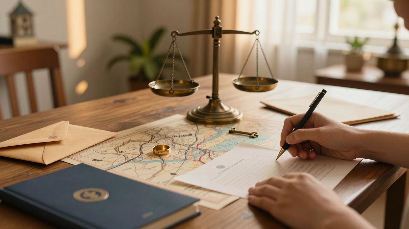 Mãos escrevendo em papel sobre mesa com balança, mapa e livro azul.